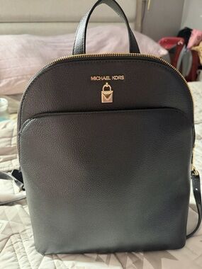 Michael Kors Black Pebbled Leather Dome Backpack with Gold Hardware